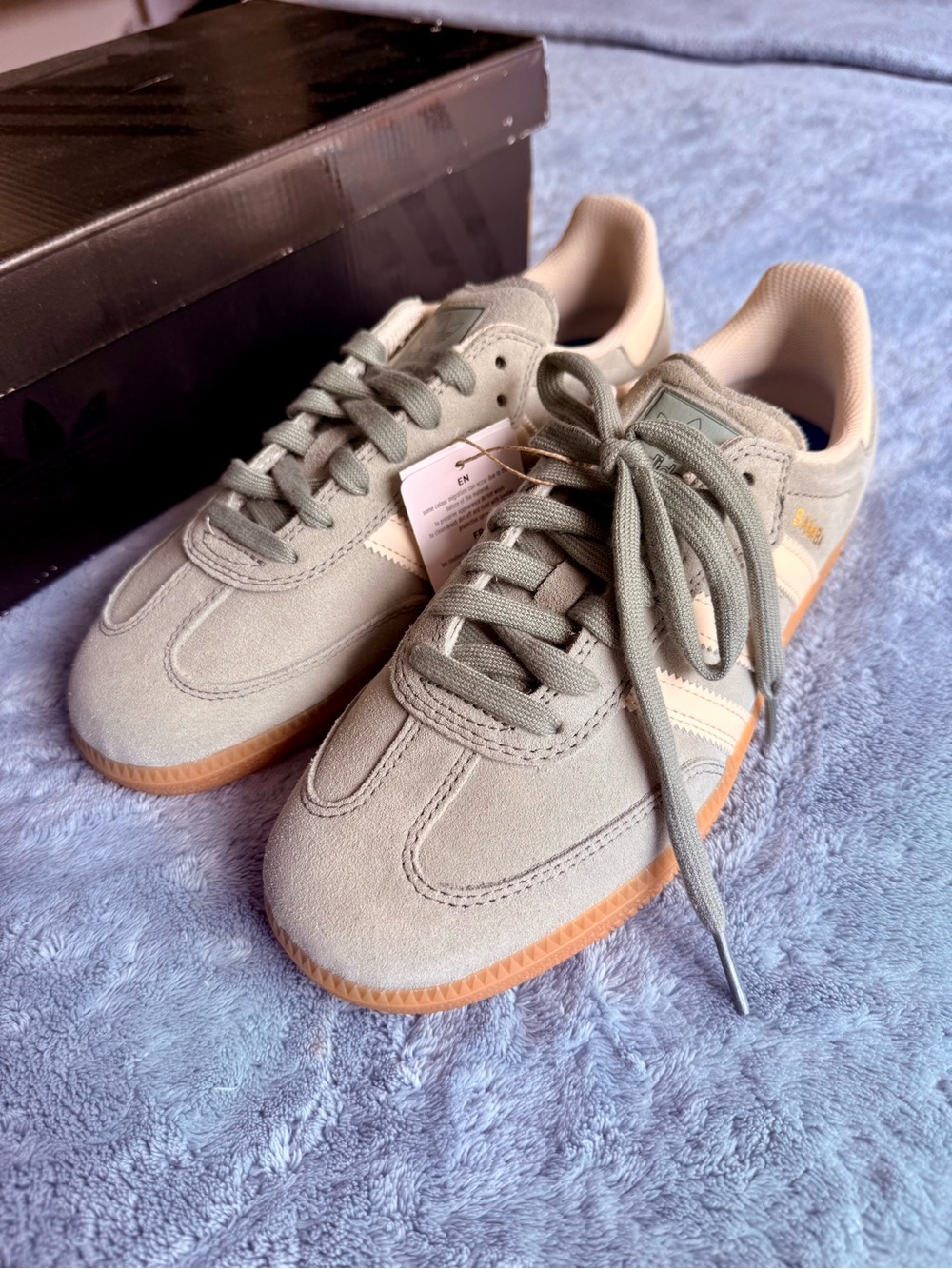adidas Samba Casual Suede Sneakers in Sage Green and Cream with Blue Insole
